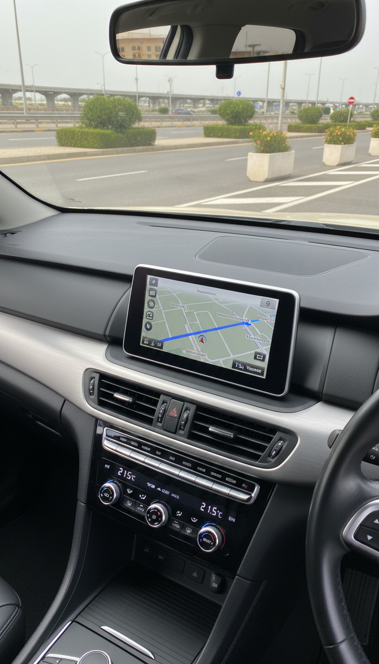 A smooth, freshly cleaned taxi dashboard showcased in detail, featuring an integrated GPS navigation display actively routing from Douala International Airport to Yaounde. The dashboard uses premium, matte black and brushed chrome materials with precise tactile buttons and digital climate controls. Visible through the windshield is a well-maintained airport drive lane, framed by minimal landscaping and structured traffic markings. The lighting is neutral and evenly distributed from the mid-morning sun, eliminating harsh shadows for an unobtrusive, functional ambiance. Captured from the passenger side at a slightly oblique angle, the image emphasizes clarity, modern technology, and a sophisticated, corporate atmosphere, depicting the navigational precision of business-class travel.